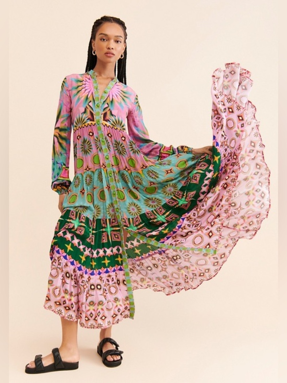 ANTHROPOLOGIE Siddhartha Bansal Mixed Print Button Front Maxi Dress Sz: S
